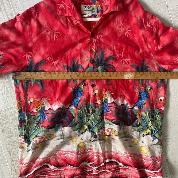 Vintage Ky’s Men’s Red Hawaiian Shirt Parrots Surfboards Buttondown - Picture 10 of 11